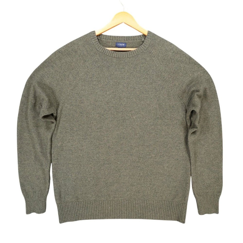 J.Crew Sweater‎ Mens Large Green Lambs Wool Blend Raglan Crewneck Knit Classic